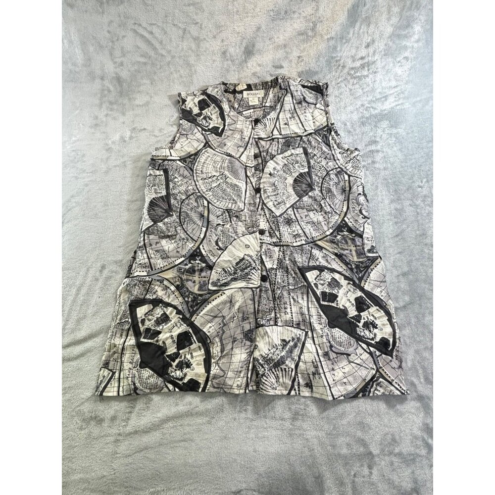 Bogari Tank Top Women's Large Silk button down blouse world map with side slits